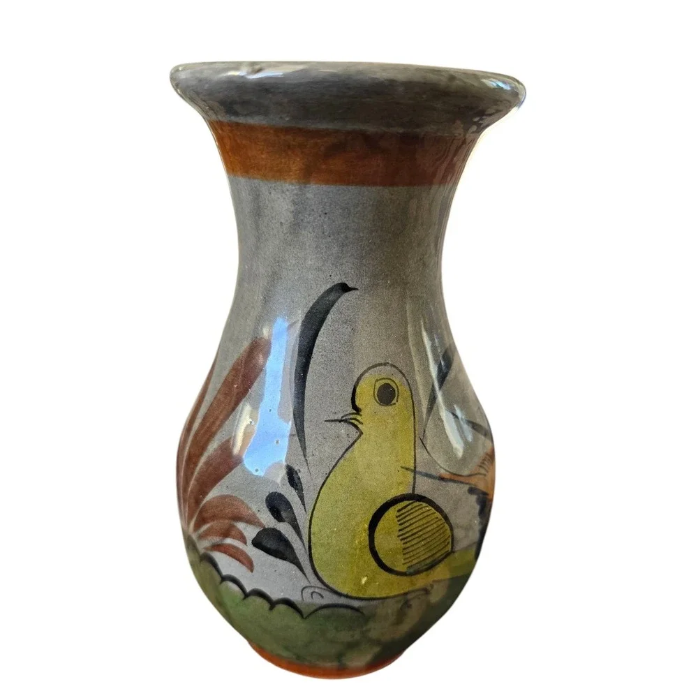 Mexican Pottery Vase Vintage Handpainted Made In Mexico Tonala 7